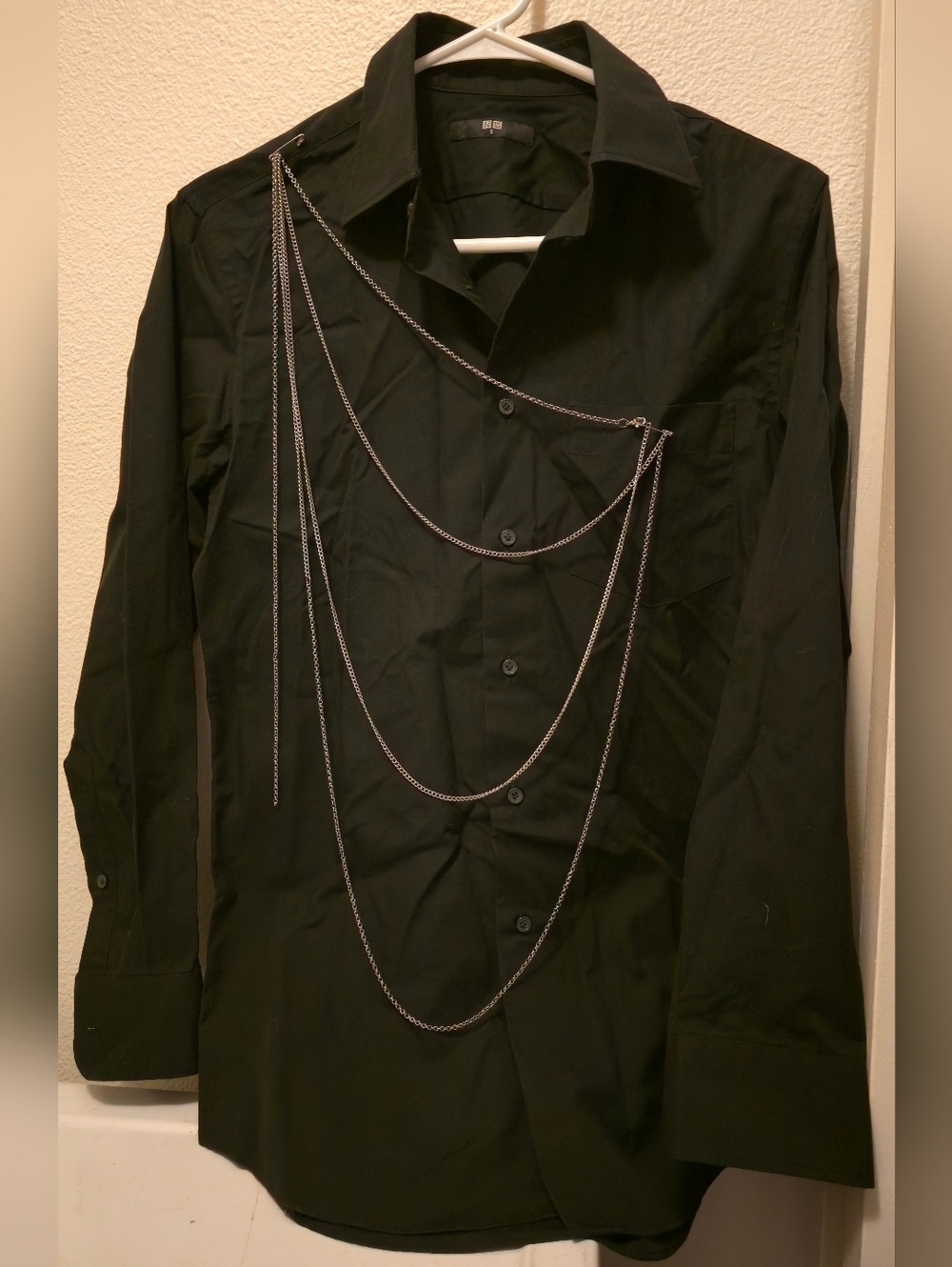 Japanese Visual-Kei Inpired DIY Black Button-Up Shirt with Silver Chain Accents